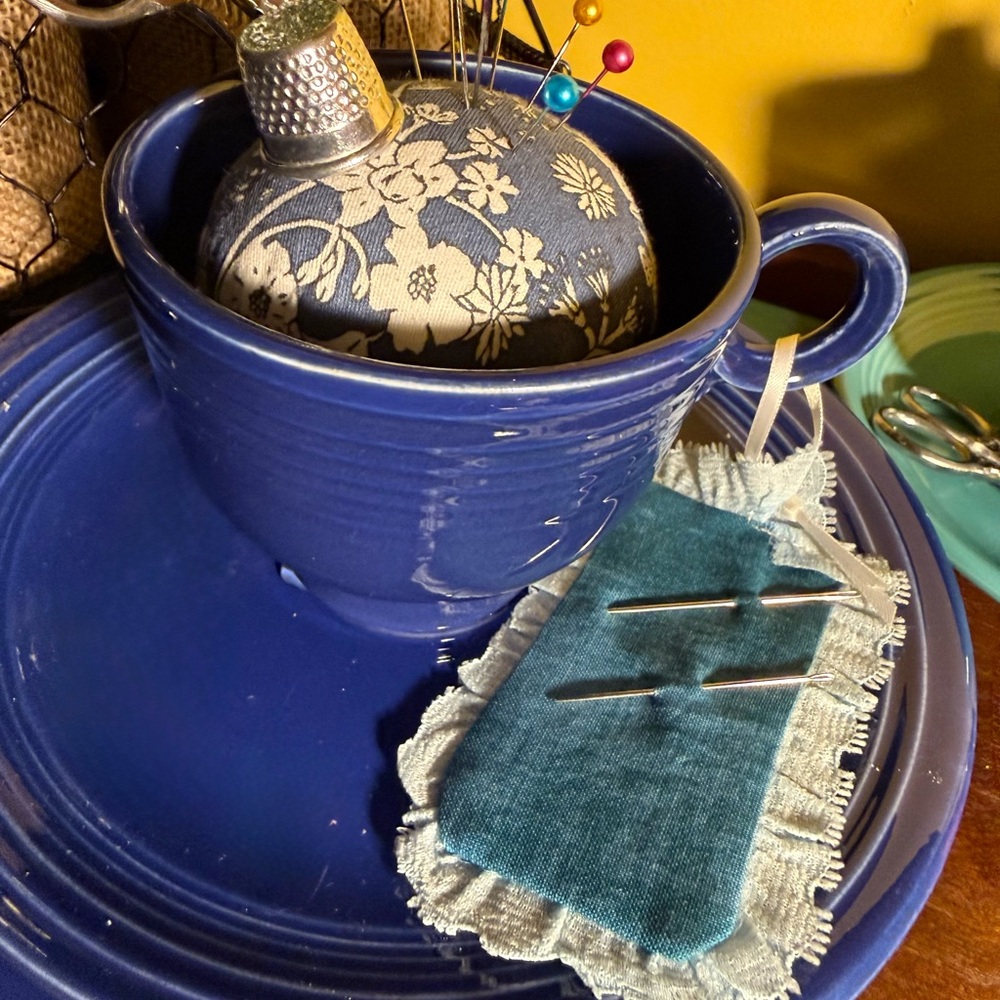 Sweet  Cobalt Blue Pins and Needles Teacup Sewing Caddy